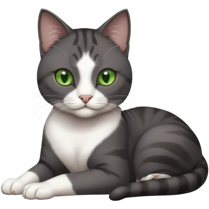 beautiful female solid dark grey cat with green eyes, white toes/paws and white patch on her chest rolling over emoji