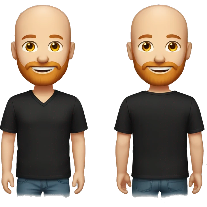 A Bald man with blue eyes and a ginger beard, wearing a black v-neck t-shirt. with a warm and welcome round face emoji
