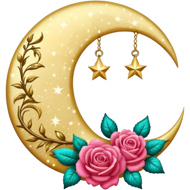 Romantic shiny sparkly glossy glittery vintage crescent damask moon with roses emoji