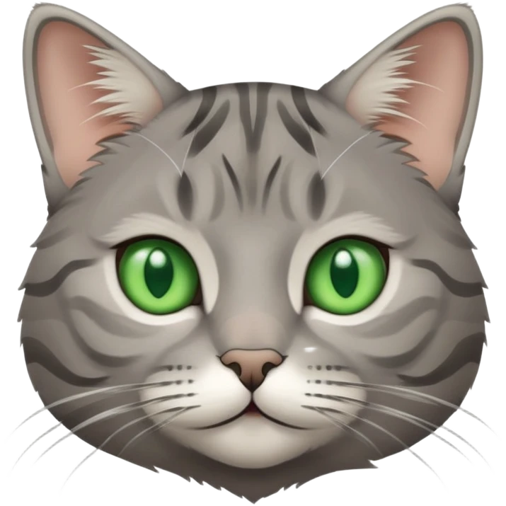 grey tabby cat with lines, small close-set green eyes emoji