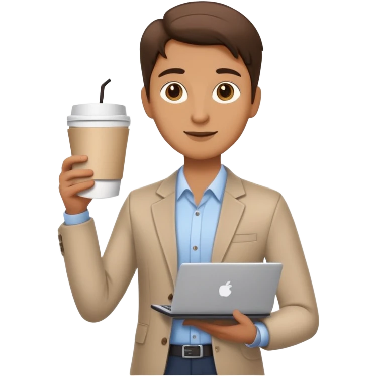 business owner confidently, holding a closed laptop in one hand and a takeaway coffee cup in the other. The character wears casual-smart clothes. emoji