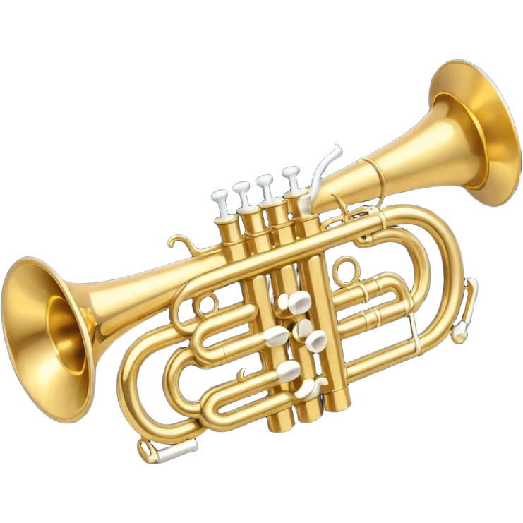 “Flat vector icon of a golden side-view trumpet with mouthpiece, bell, and three valves, thick outline, centered on a deep navy blue rounded-square (or circle); from the bell, 2–3 small white or light-blue music notes with dark outline emerge.  emoji