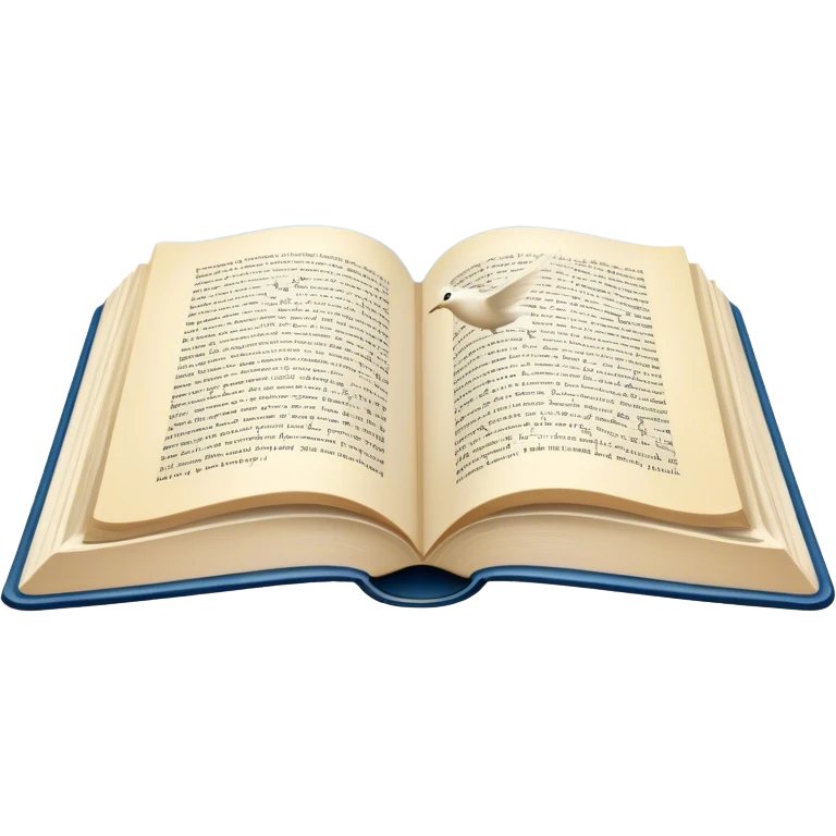 Icon for Poetry Reading: an open book with verses on the pages, from which fly pages transforming into a large flock of small white birds soaring into the blue sky. The icon should evoke the freedom and beauty of poetry. Transparent background. emoji