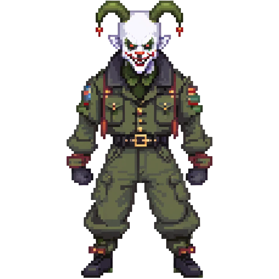 evil clown soldier, bald, short black devil horns on forehead, fangs, pointed ears, black and military green clothes with bellbottom pants, realistically proportioned, less bulky, full body, fighting stance emoji