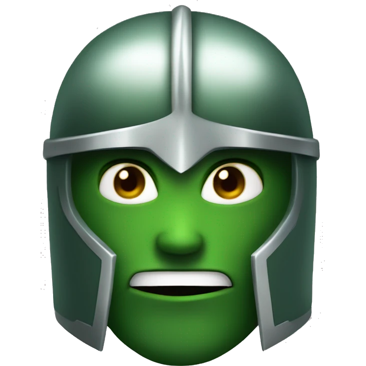 green helmet knight whit lightninh eyes, face all covered, 3/4 position, evil emoji