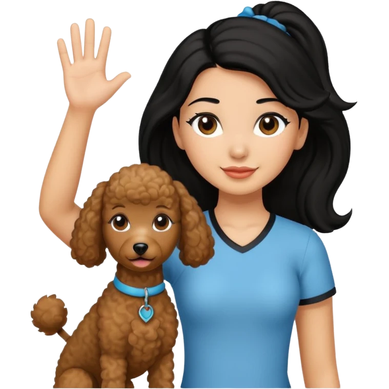Ponytail black hair girl with brown Poodle say goodbye  emoji