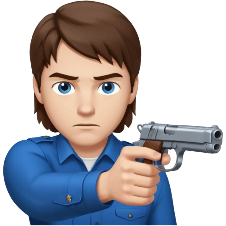 guy w medium long brown hair and blue eyes with gun pointed towards him emoji