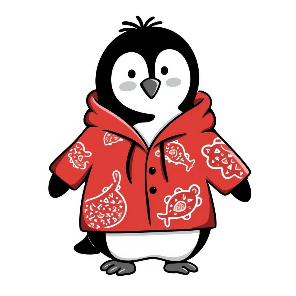 penguin wearing a red paisley pattern hoodie emoji