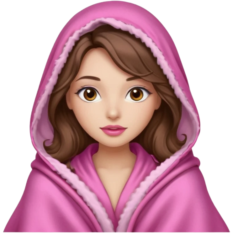 girl with long wavy brown hair, brown eyes, long lashes makeup, sexy pink lips, light to medium complexion, wearing a pink sexy silk top, big blanket over the head cozy  emoji