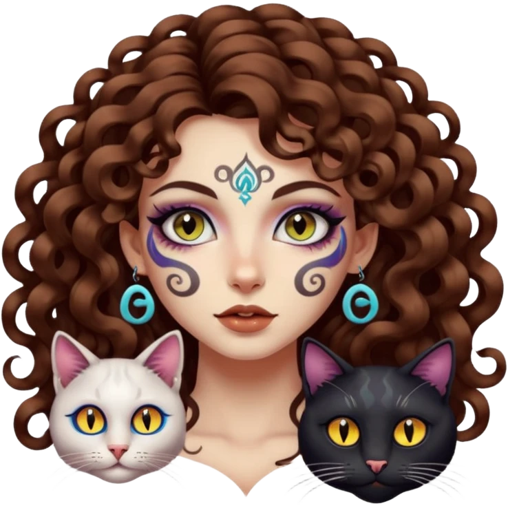 woman with long curly brown hair, brown eyes, white skin, tattoos, black cat with psychedelic spiral eyes mirroring hers emoji