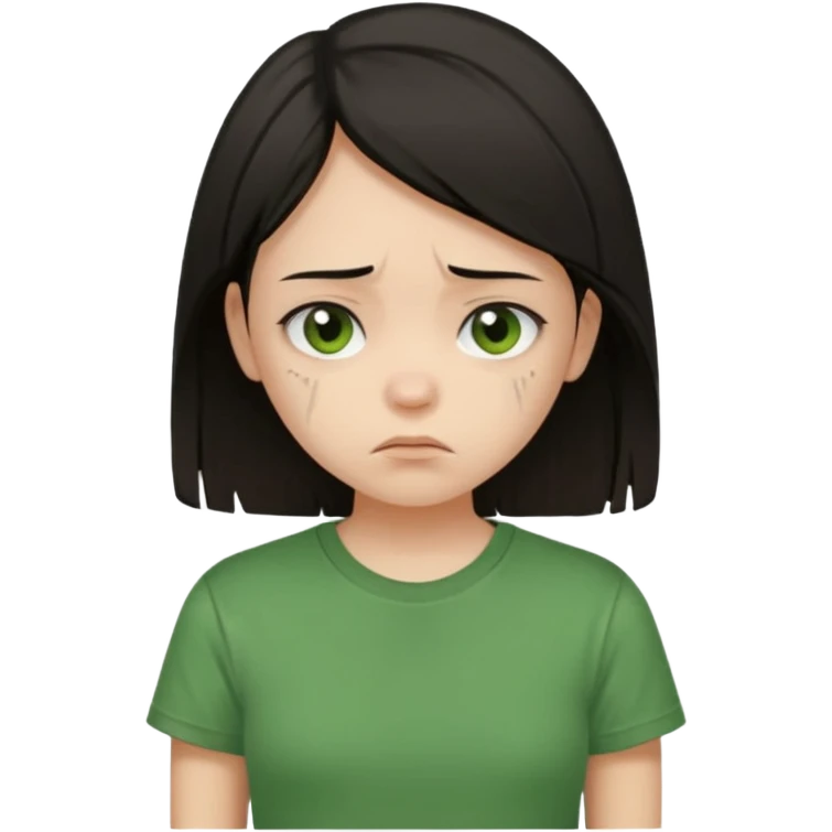 Young girl with straight, dark hair, damaged and unattractive, wearing a green T-shirt, with a sad and subdued expression. emoji