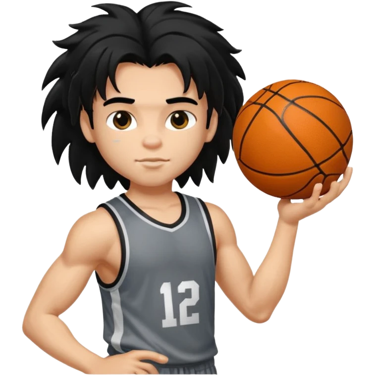 generate a pretty fair bratz boy with a long messy mullet (black hair), carrying a basketball in one hand. Smirking .  Lean but biceps emoji