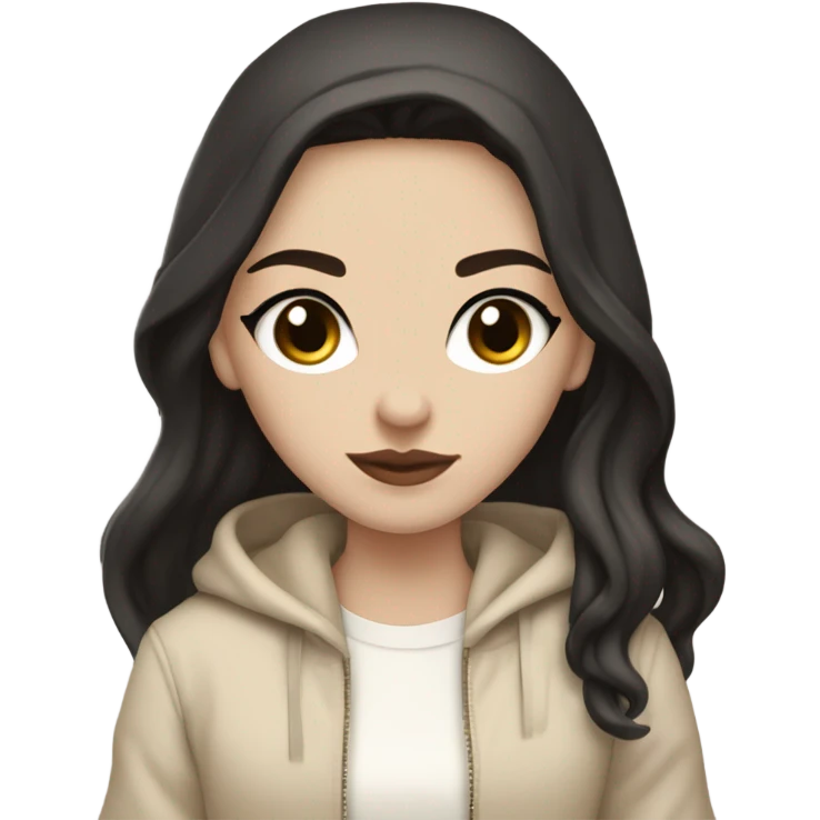 cool pale skinned girl with a bit wavy long black hair, dark brown hooded eye and clean girl make up in a beige and white old money outfit emoji