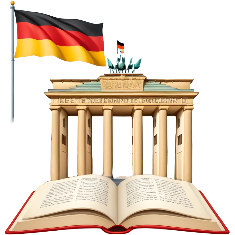 An icon featuring the Brandenburg Gate and the big flag of Germany, symbolizing the German language. The design includes an open book with German text representing language learning and German culture. Transparent background highlights the essence of German heritage. emoji