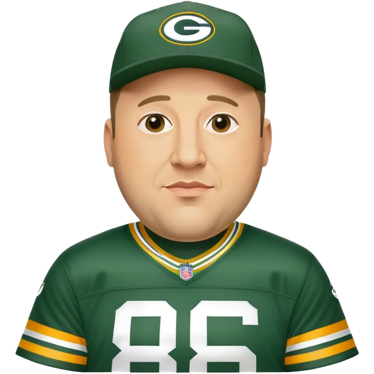 Kevin James as a Green Bay packers fan with a hat on wearing a Jordan love jersey emoji