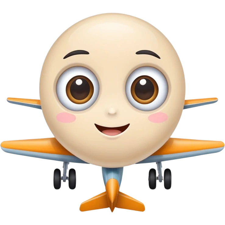 Create a single cute cartoon airplane sticker, with big eyes and a happy expression, soft pastel colors, rounded simple shapes, thick white outline, kawaii style, transparent background, flat vector design, playful and light mood emoji
