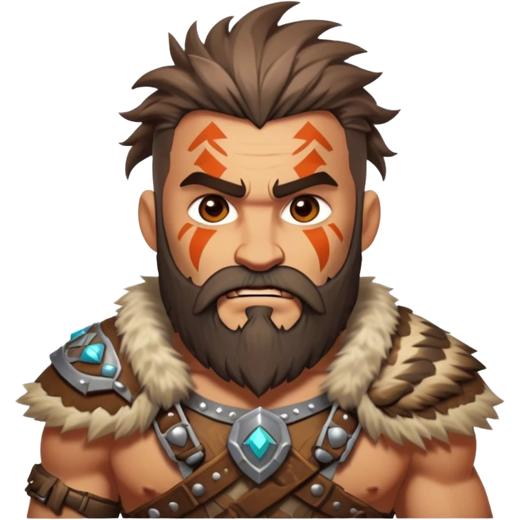 Clash of Clans style: Cinematic Rugged Barbarian Portrait Emoji, Intense and formidable with a stylized build, a rugged beard and expressive eyes, adorned in playful, battle-worn furs and cartoonish armor with tribal markings, Simplified yet powerfully detailed features, highly detailed, glowing with a deep, adventurous energy, high shine, spirited and determined, stylized with an air of raw, untamed power, soft glowing outline, capturing the essence of a barbarian warrior ready to lead epic quests! emoji