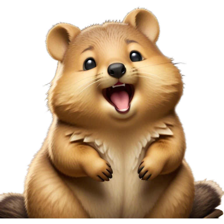 Cinematic Cute Yawning Quokka Portrait Emoji, Head tilted slightly with a dramatic, wide-open yawn, showcasing a soft, downy brown fur with a slightly droopy expression and eyes barely open in drowsy contentment, Simplified yet irresistibly adorable features, highly detailed, glowing with a soft, cozy glow, high shine, relaxed yet expressive, stylized with a touch of playful charm, bright and endearing, soft glowing outline, capturing the essence of a sleepy yet affectionate quokka, so drowsy it feels like it could stretch out of the screen and curl up for a nap! emoji