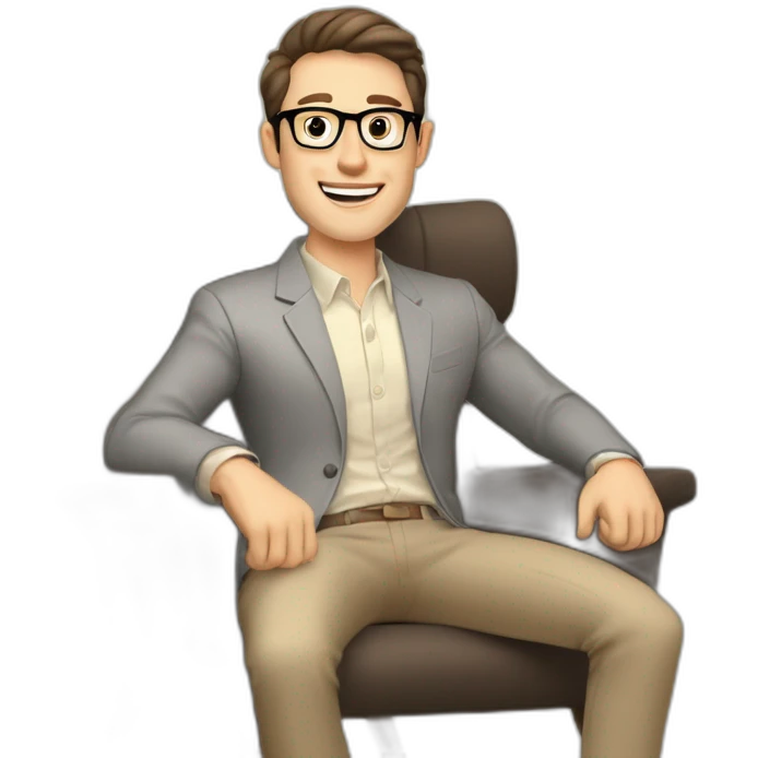 Joyful Celebrating victory Hands up Pale skinned Fit Man With dark brown hair in gray jacket, beige office shirt, Brown pants and vintage glasses sitting In a soft chair emoji