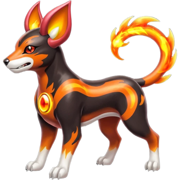 Fiery solarpunky elemental colorful hot will-o-wispy Houndoom-Torracat-Genesect-Pokémon-Fakémon-hybrid-creature emoji