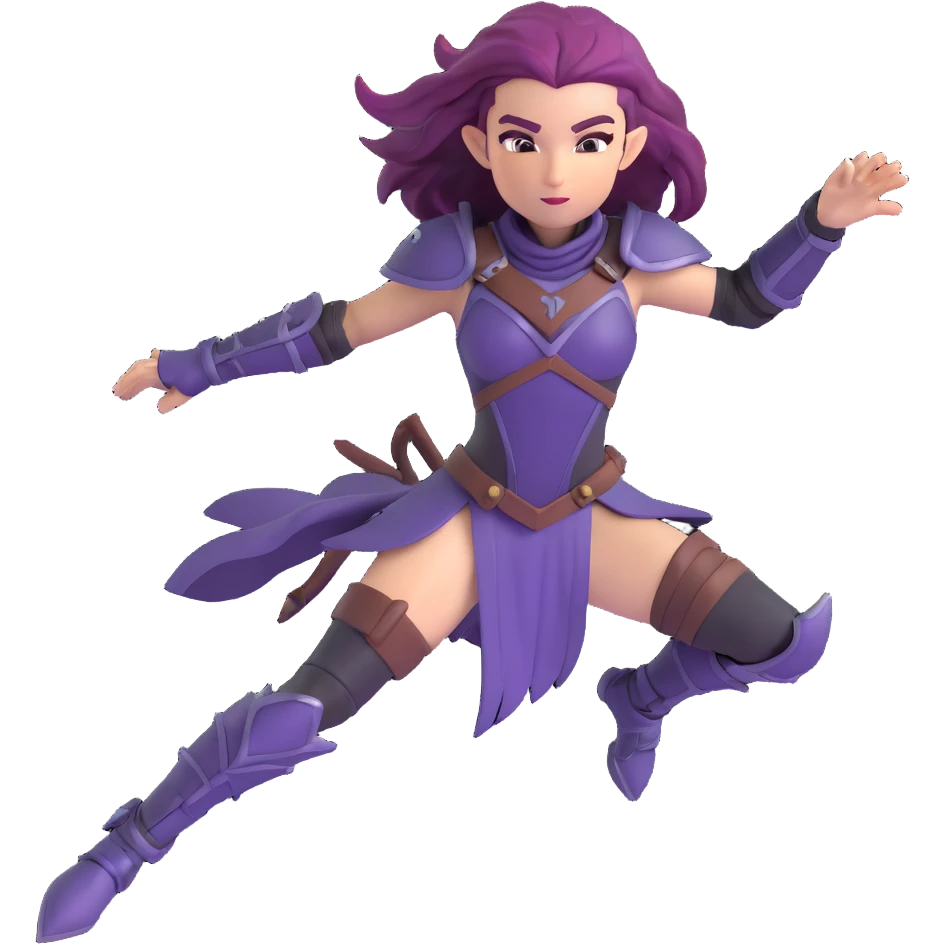 mysterious warrior girl with flowing purple hair, dressed in black armor, leaping forward in an action pose emoji