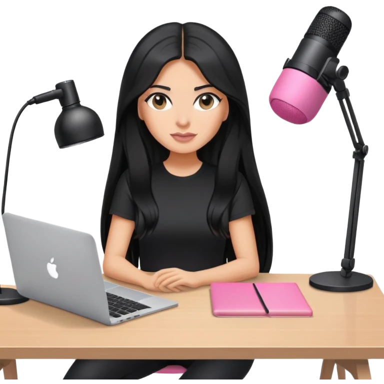 tanned long black hair woman, sat at desk with pink MacBook, podcast microphone black top and pink, sexy, glass table emoji