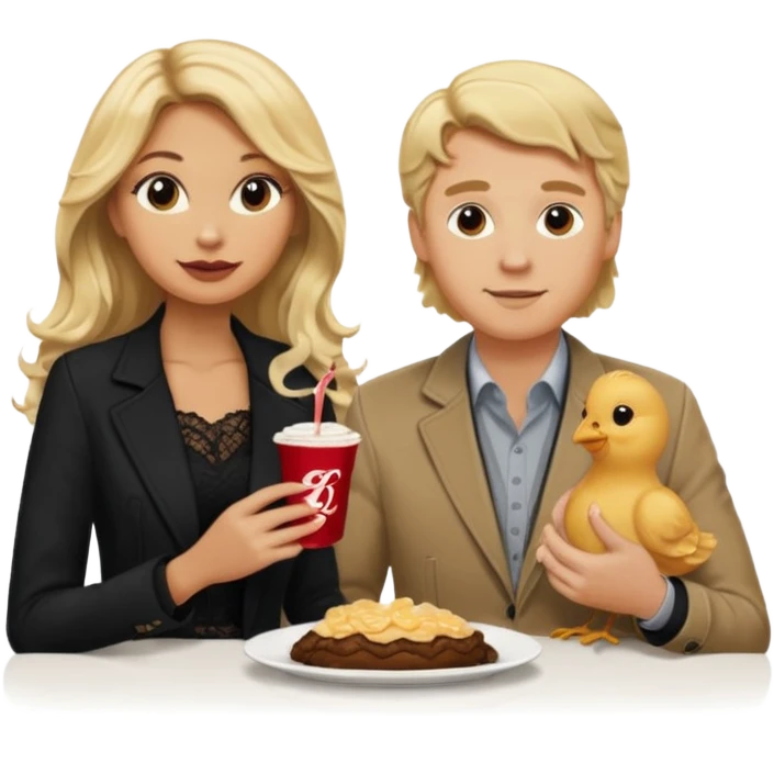 Love tan woman long wavy blonde hair and black lace  with blonde man Brown shade jacket eating chick filet  emoji