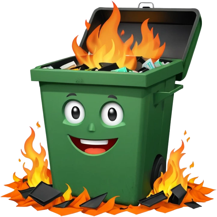 Green smiling dumpster with an open black lid and a fire burning inside it. there is litter and trash on the ground around it emoji