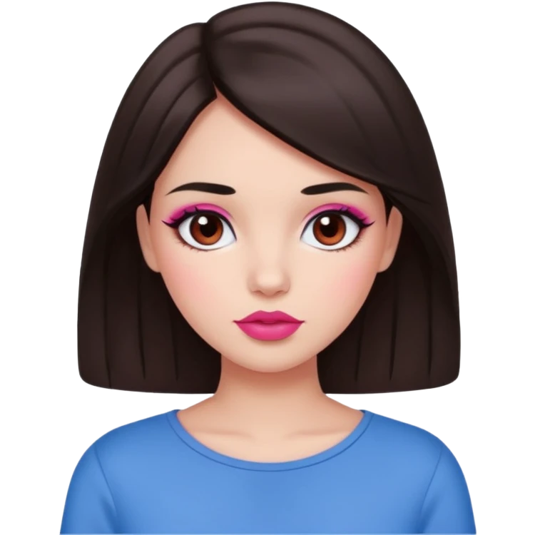 Dark brown haired girl with black eyes and lips between the shades of pink and red. A cute and clean makeup along with a blue top  emoji