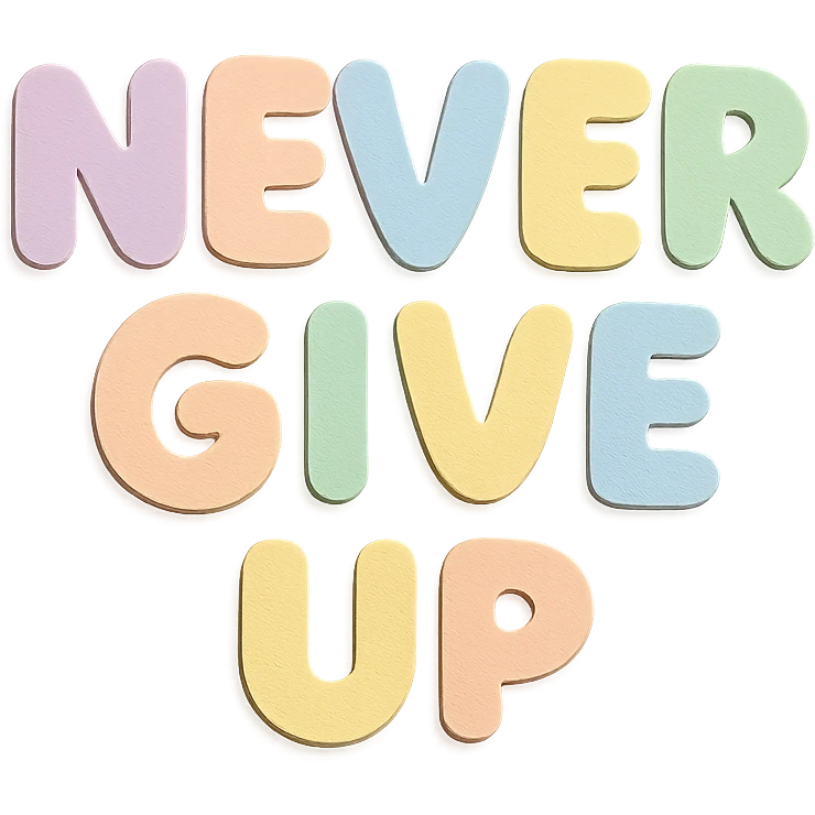 "Never Give Up" in soft pastel rainbow chubby soft text, kawaii design, no outline, transparent background emoji