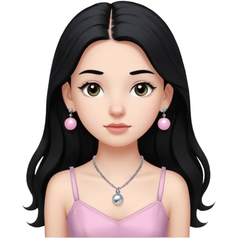 Menina branca ,cabelos longos cor preta , olhos cor preta puxados para cima. Cílios longos, lábios grossos ,nariz pequeno.vestido rosa claro de alça. Colar e brinco bolinha prata pequeno. Jovem de 16 anos  emoji