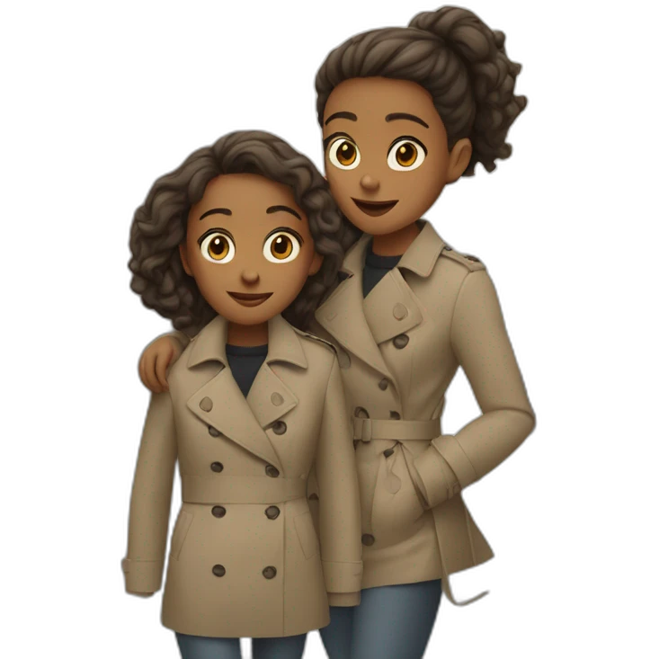 Two girls make a shoulders ride of anoteher in one trench coat emoji