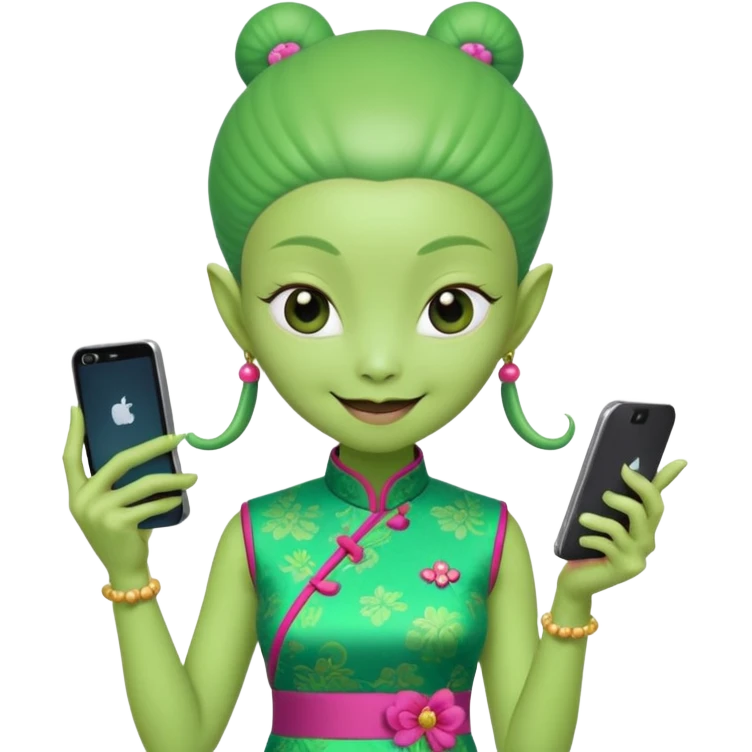 alien with chinese custome dress and smartphone emoji