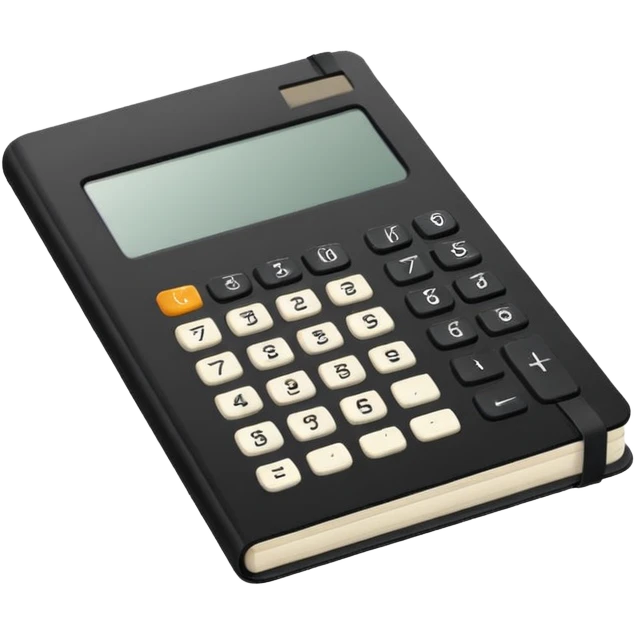 Minimalistic flat vector icon, iOS style, thin black contour on white background. Small black notebook with visible binding, placed next to a calculator. Clean, modern, no text, no shadows. emoji