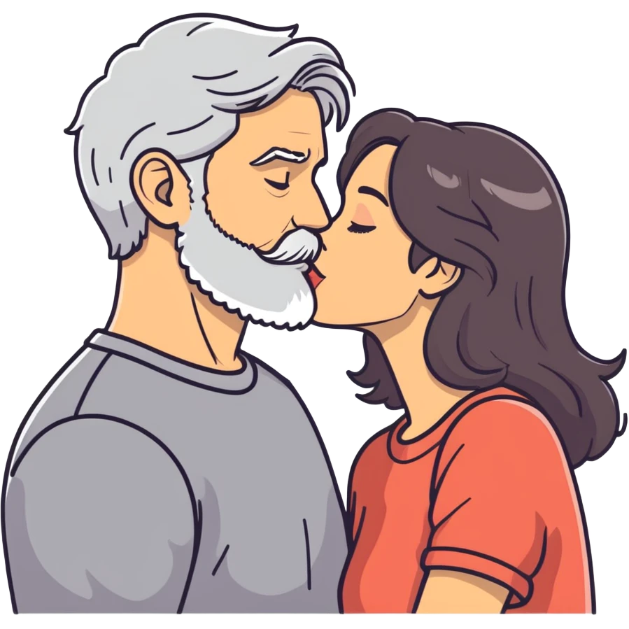 Grey haired bearded man and pretty brunette woman kissing  emoji