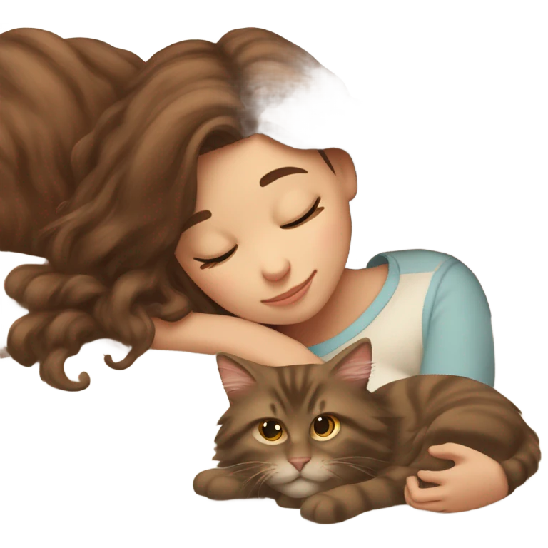 Brown-haired girl sleeping with her brown maine coon cat  emoji
