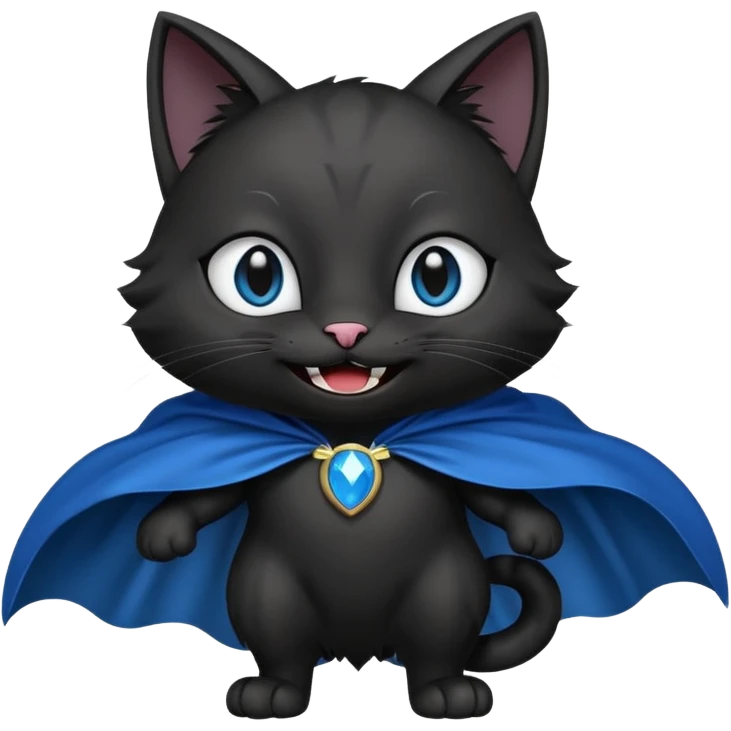 an all black anthropomorphic cat with blue eyes wears an all black cape and is smiling a mischievous sharp tooth grin emoji