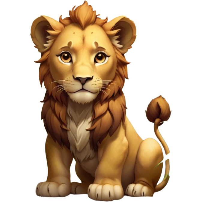 Cinematic Noble Lio Cub Portrait Emoji, Poised and regal, with a powerful, muscular build and a majestic, tawny mane, deep-set soulful amber eyes, Simplified yet sharp and sophisticated features, highly detailed, glowing with a warm, dignified glow, high shine, intelligent and fierce, stylized with an air of wild majesty, focused and attentive, soft glowing outline, capturing the essence of a watchful and confident king, so majestic it feels as though it could roar out of the screen with effortless authority! emoji
