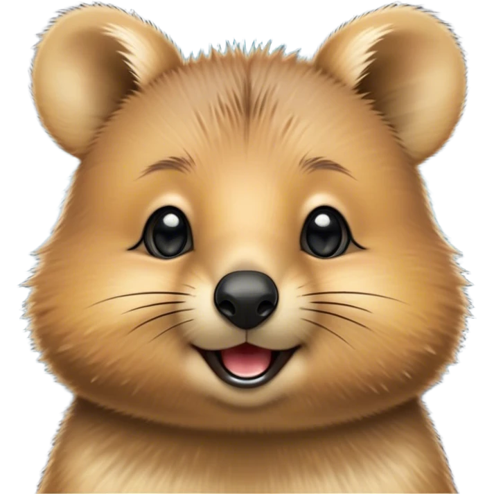 Cinematic Cute Quokka Portrait Emoji, Head tilted playfully and inquisitively, featuring a fluffy, round face with a naturally cheerful grin and bright, sparkling eyes full of playful curiosity, Simplified yet irresistibly adorable features, highly detailed, glowing with a warm, friendly glow, high shine, affectionate and spirited, stylized with a touch of Aussie whimsy, bright and endearing, soft glowing outline, capturing the essence of a mischievous yet loving quokka, so playful it feels like it could scamper out of the screen and into your arms! emoji