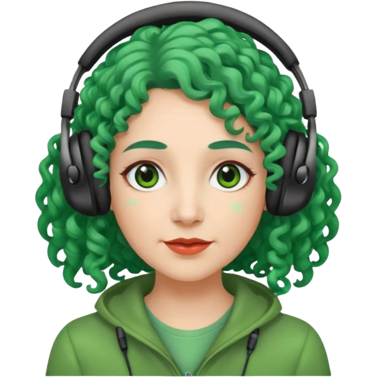 green haired earringed heaphone wearing middle aged woman very very curly long hair emoji