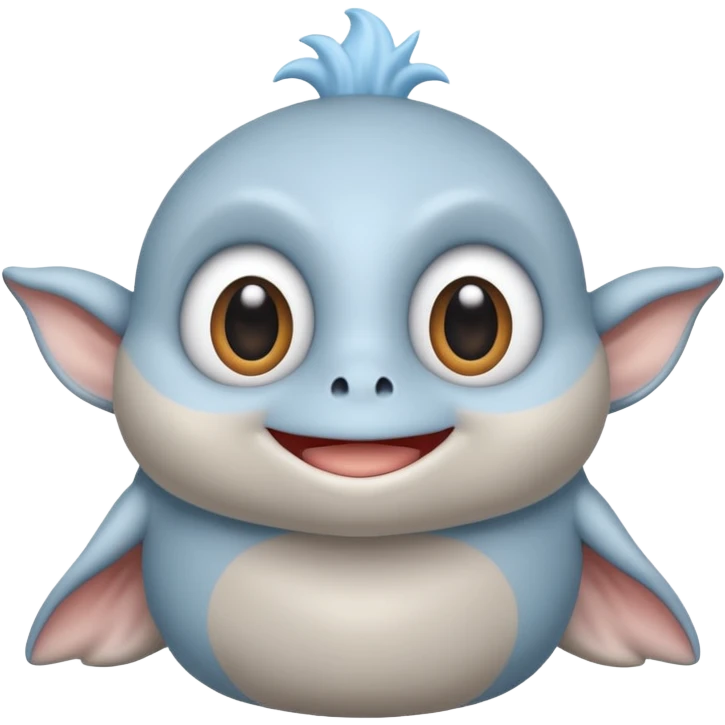 No head..it has 1 eye....stands upright ...wears clothing. is light grey and light blue..looks happy and cuddly... doesnt have a full head.... there is a appendage coming out of top of body with a single large eye emoji