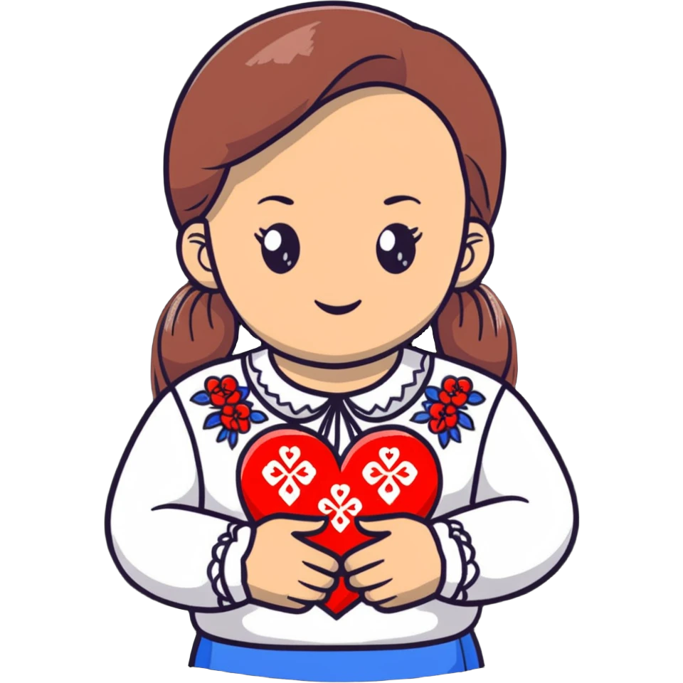 beautiful young girl in a white Ukrainian embroidered shirt clutching a large embroidered heart emoji