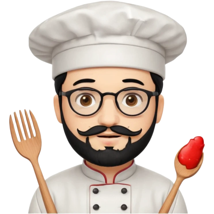 CHEF CON PIEL BLANCA, GORRO DE CHEF, PELO NEGRO Y BARBA NEGRA, OJOS MARRON OSCURO Y GAFAS DE PASTA NEGRAS. SONRIE Y TIENE MARCAS DE BESOS CON FORMA DE LABIOS EN LAS MEJILLAS (COMO MANCHAS DE PINTALABIOS) emoji