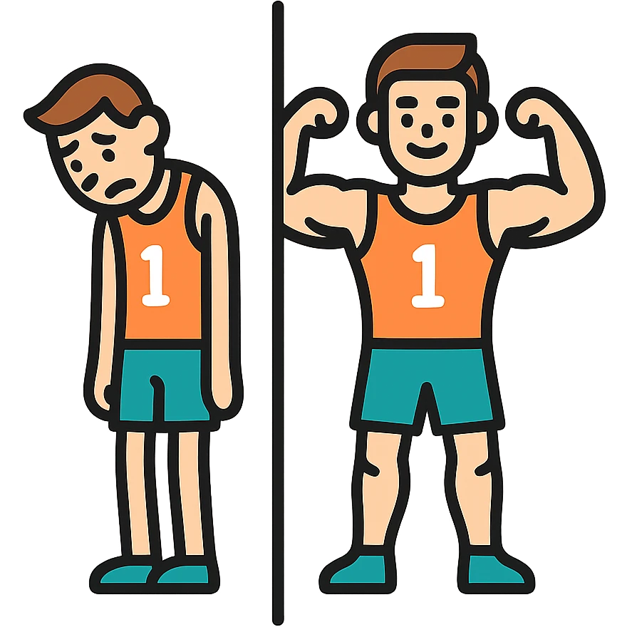 in the picture is devided in to two parts, at the first the sportsman is weak and lazy, but at the second picture the same sportsman is very strong because he doing a workout regularly emoji