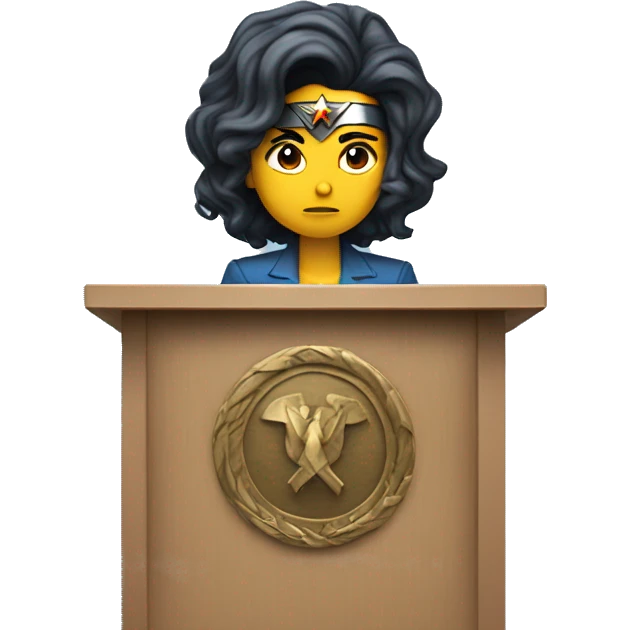Gal godot wonder woman behind a podium giving a sad speech emoji