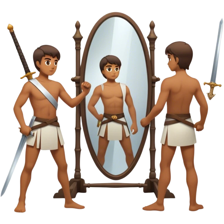A person standing in front of a mirror, looking, while a sword on the floor. The mirror represents self-awareness and acceptance emoji