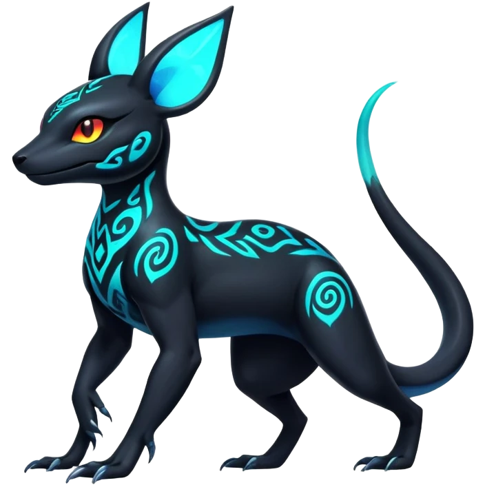 Colorful Neon Exotic Salandit-Aurorus-Umbreon-Fakémon-hybrid-creature (full body) with iridescent tribal markings emoji