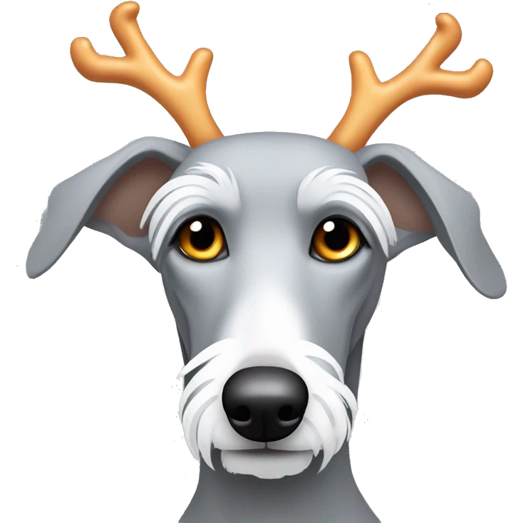 Scruffy grey bedlington whippet wearing antlers emoji