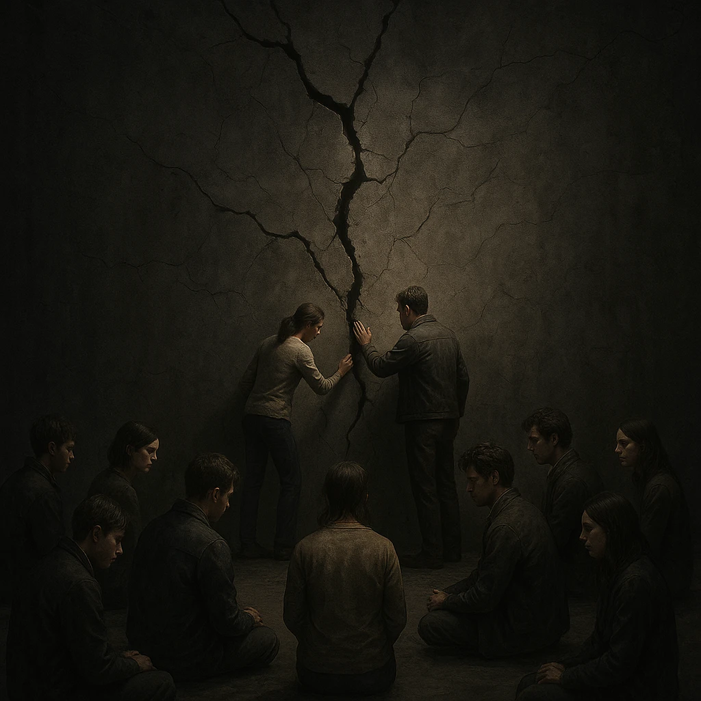 A group of people in front of a massive cracked wall symbolizing a big problem. Most sit idly or look away, while two step forward to examine or try to repair the crack. Lighting highlights the two proactive people, others in muted tones. Conceptual, symbolic, cinematic, emotionally charged, strong contrast, hyperrealistic 4K. emoji