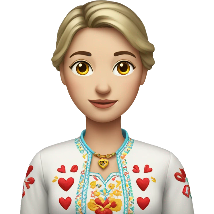 A Ukrainian woman in an embroidered shirt holds a heart in her hands emoji